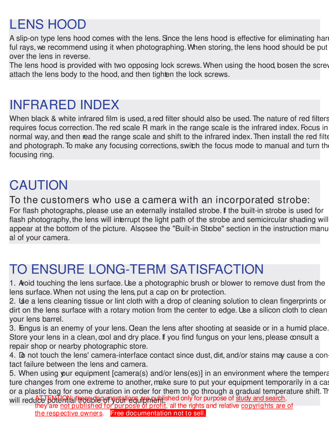 Tamron 360EM, 360EN instruction manual Lens Hood, Infrared Index, To Ensure LONG-TERM Satisfaction 