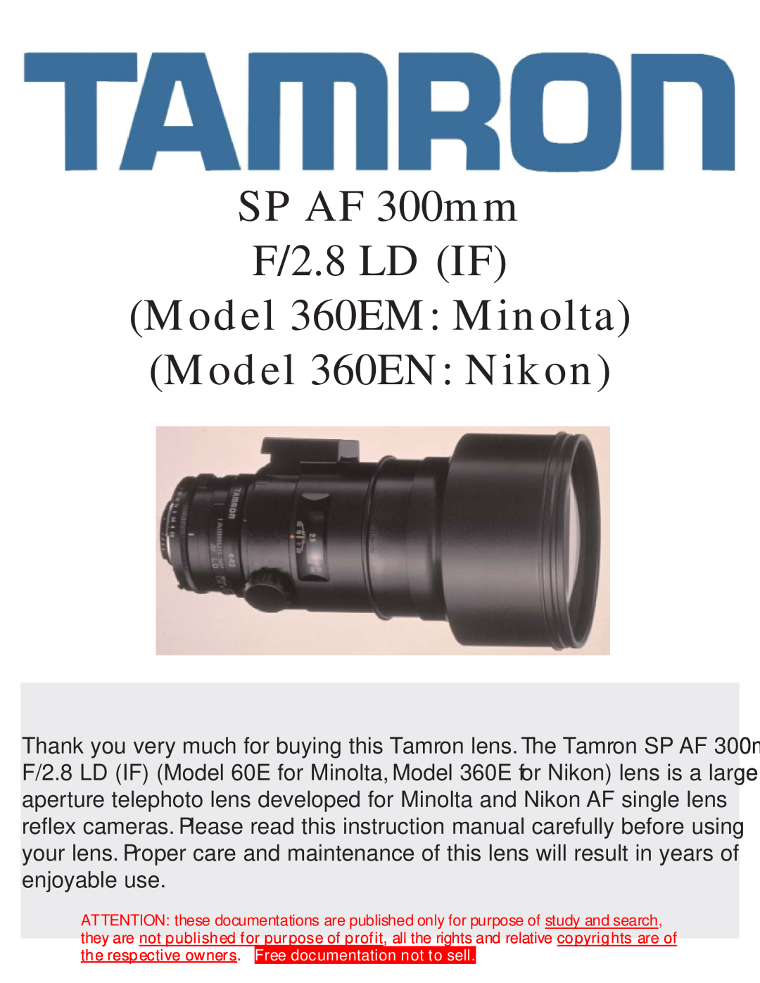Tamron instruction manual SP AF 300mm F/2.8 LD IF Model 360EM Minolta Model 360EN Nikon 