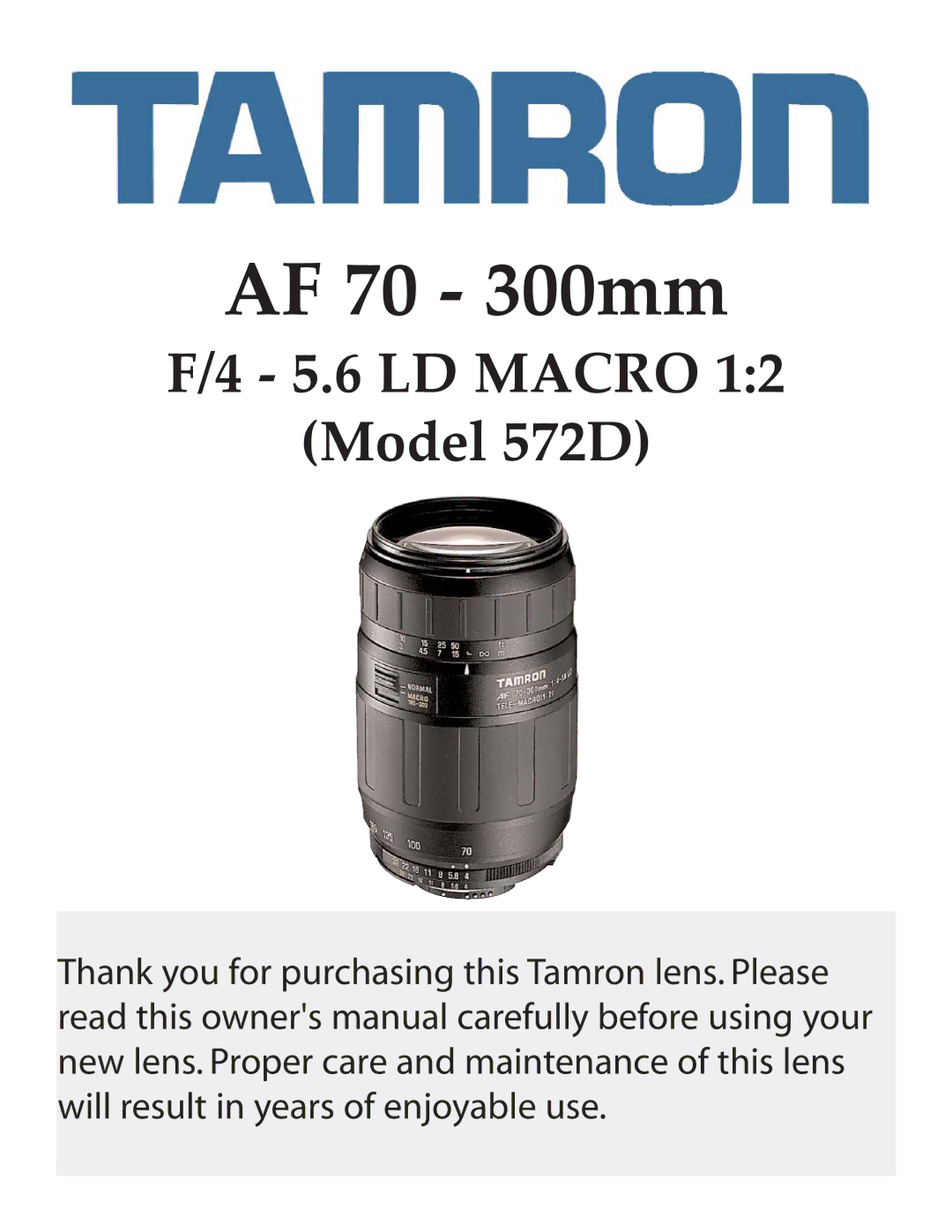 Tamron 572D owner manual AF 70 300mm 