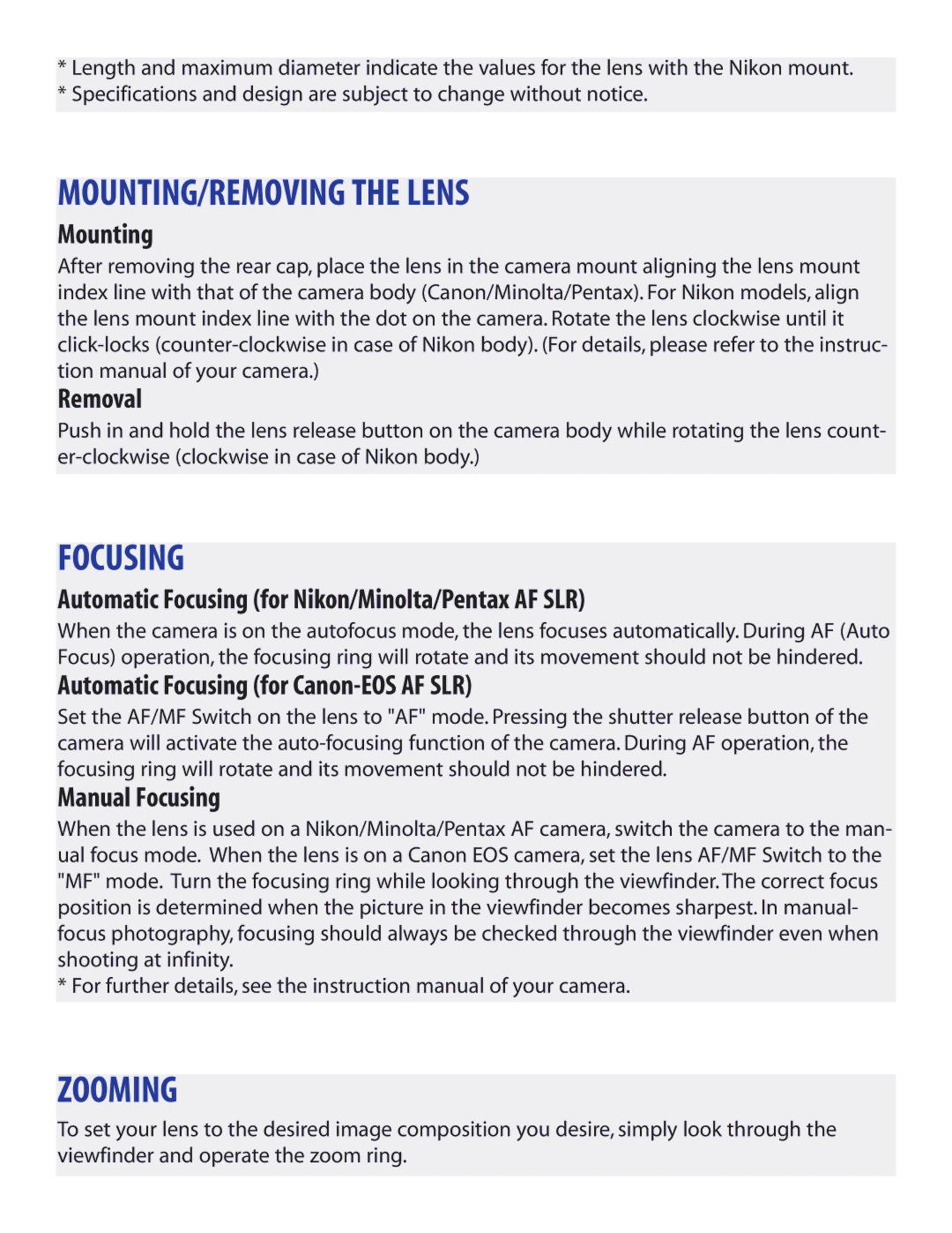 Tamron 572D owner manual MOUNTING/REMOVING the Lens, Focusing, Zooming 