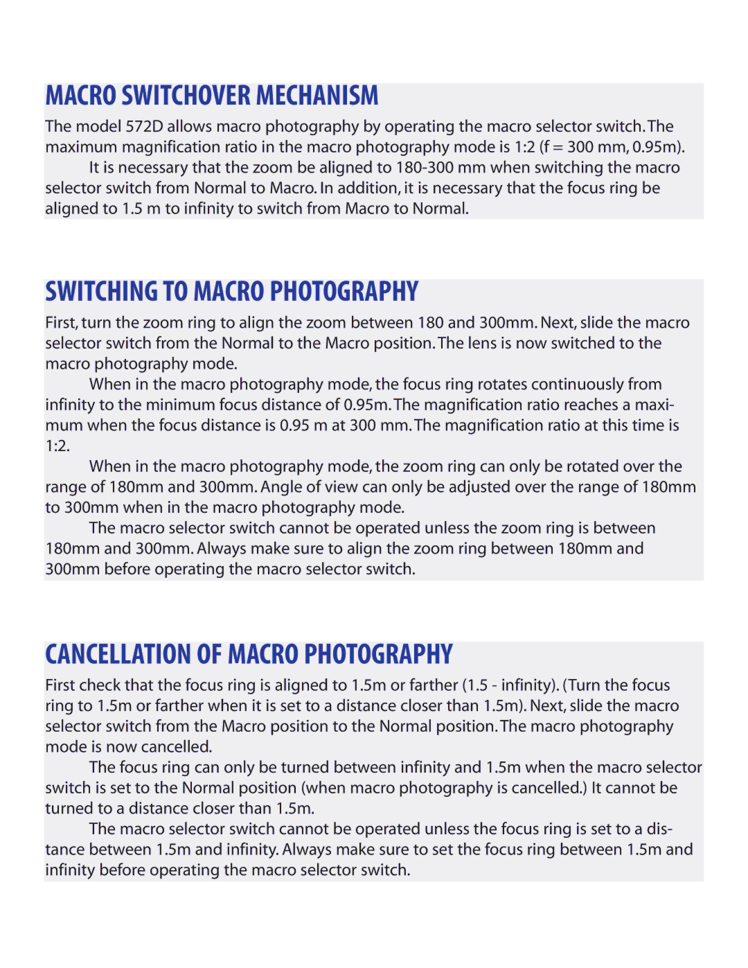 Tamron 572D owner manual Macro Switchover Mechanism, Switching to Macro Photography, Cancellation of Macro Photography 