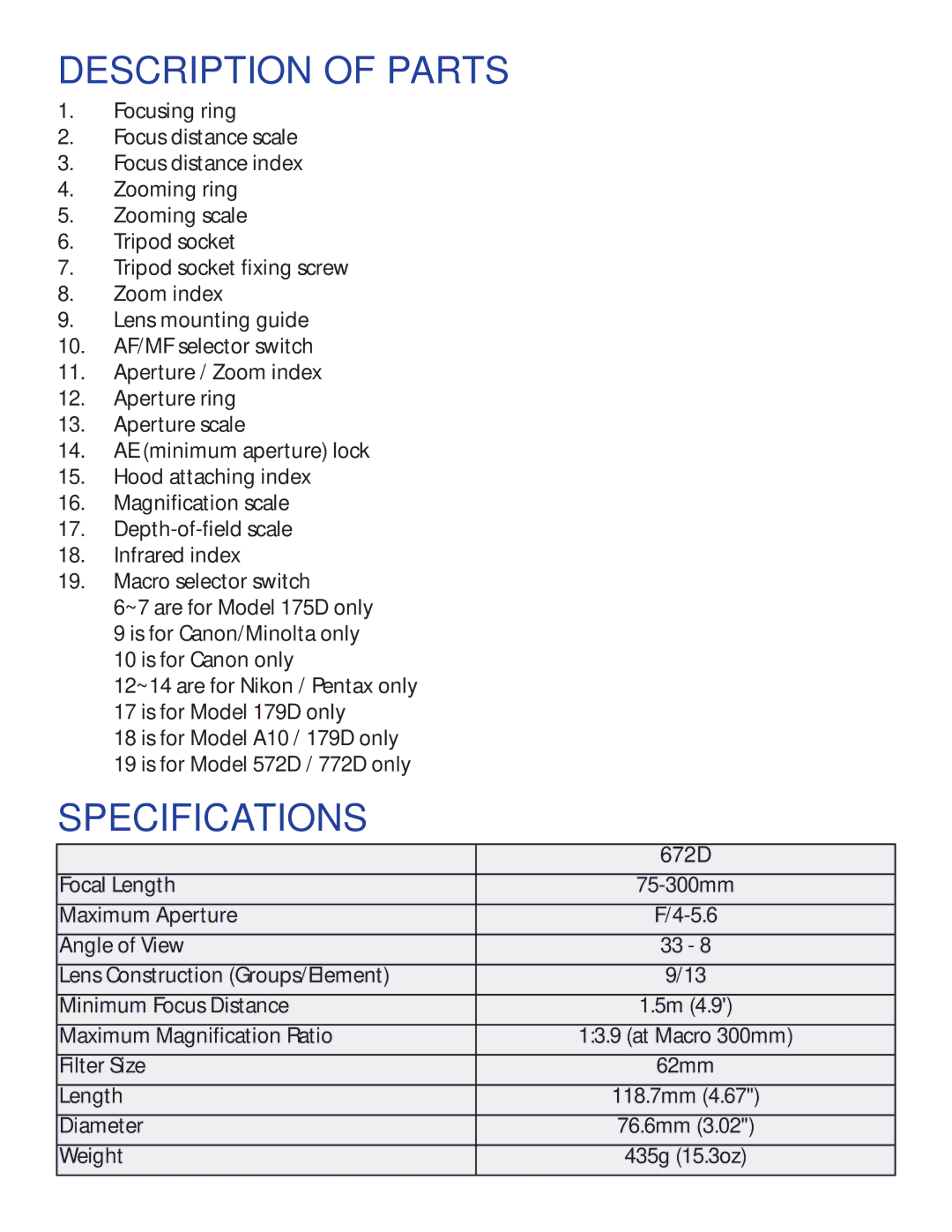 Tamron 672D owner manual Description of Parts, Specifications 