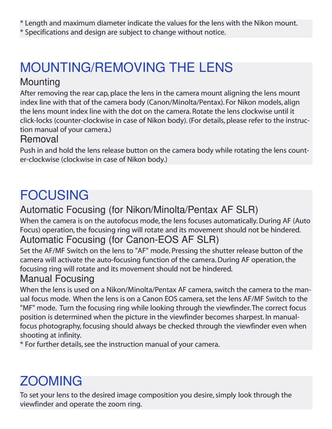 Tamron 672D owner manual MOUNTING/REMOVING the Lens, Focusing, Zooming 