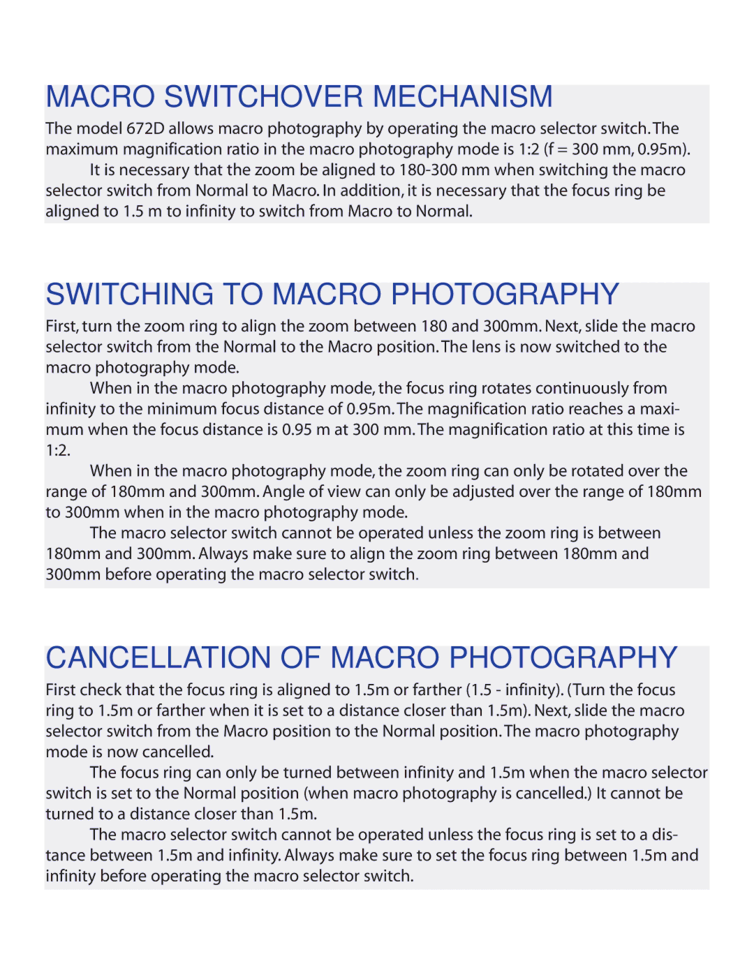 Tamron 672D owner manual Macro Switchover Mechanism, Switching to Macro Photography, Cancellation of Macro Photography 