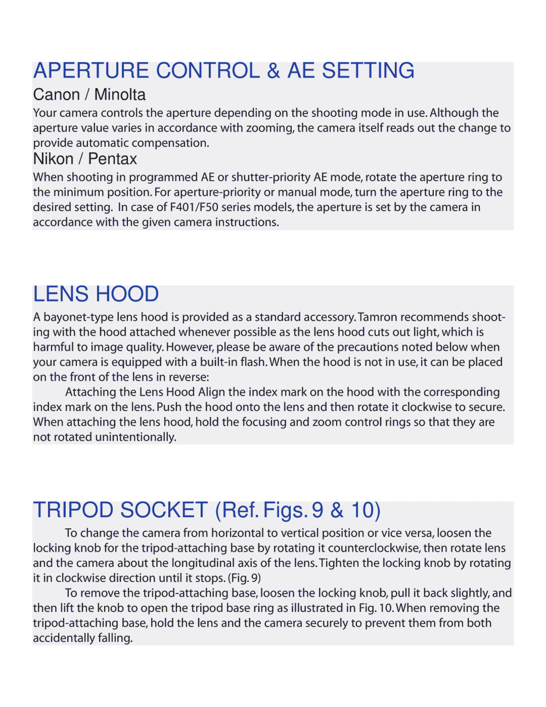 Tamron 672D owner manual Aperture Control & AE Setting, Lens Hood 