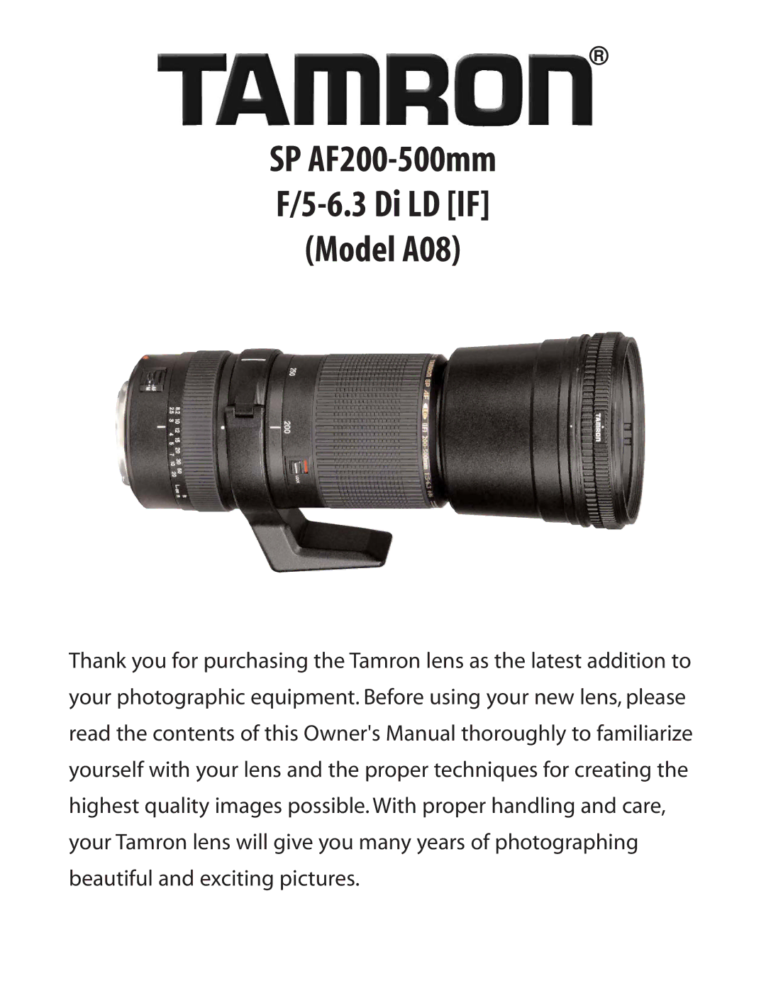 Tamron owner manual SP AF200-500mm Di LD if Model A08 