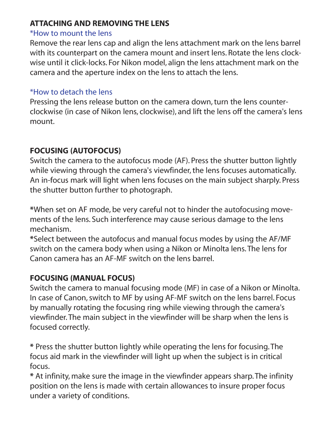 Tamron A08 owner manual How to detach the lens, Focusing Autofocus, Focusing Manual Focus 