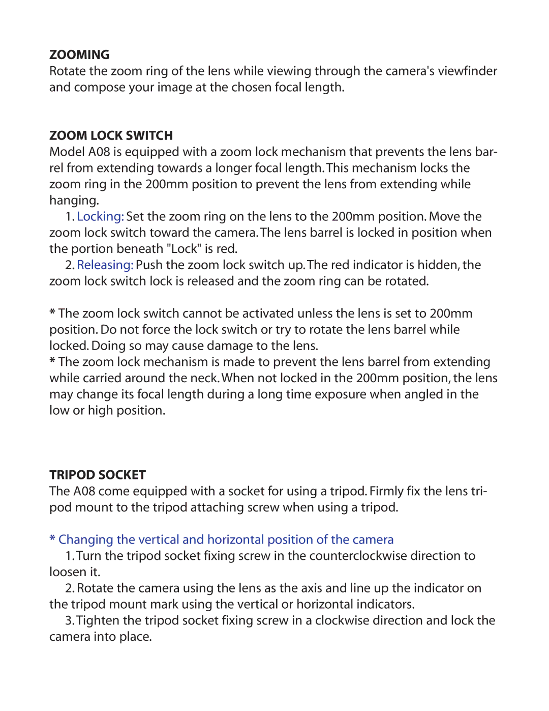 Tamron A08 Zooming, Zoom Lock Switch, Tripod Socket, Changing the vertical and horizontal position of the camera 