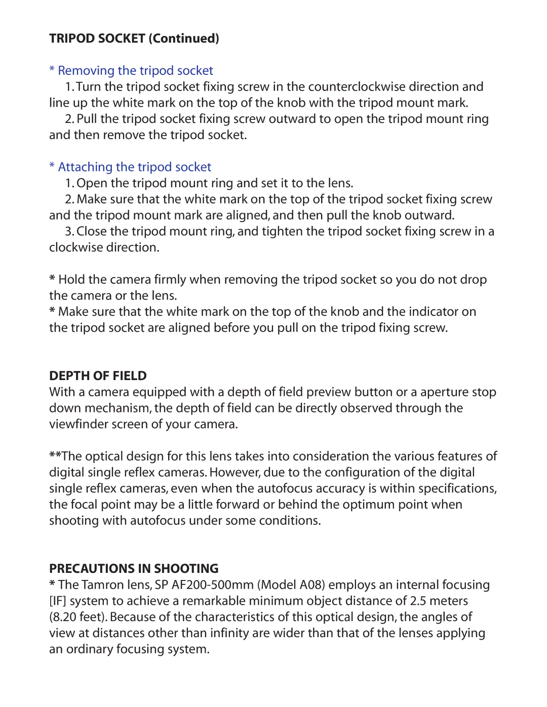 Tamron A08 owner manual Removing the tripod socket, Attaching the tripod socket, Depth of Field, Precautions in Shooting 