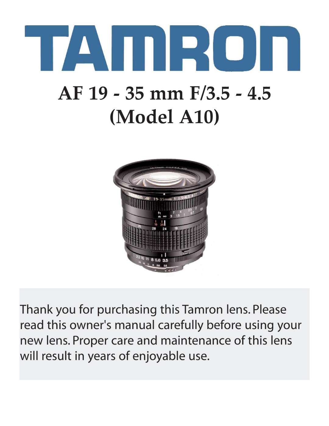 Tamron owner manual AF 19 35 mm F/3.5 Model A10 