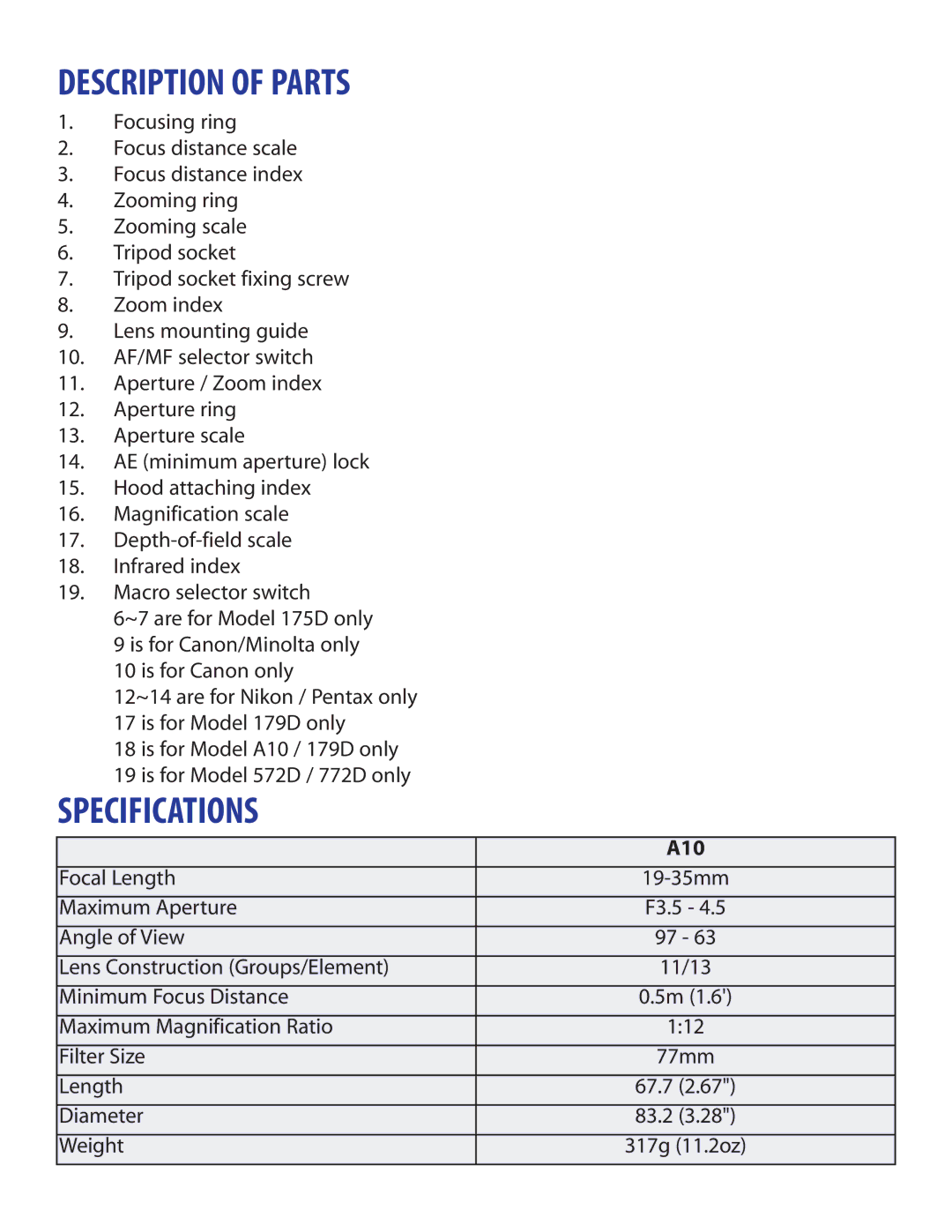 Tamron A10 owner manual Description of Parts, Specifications 