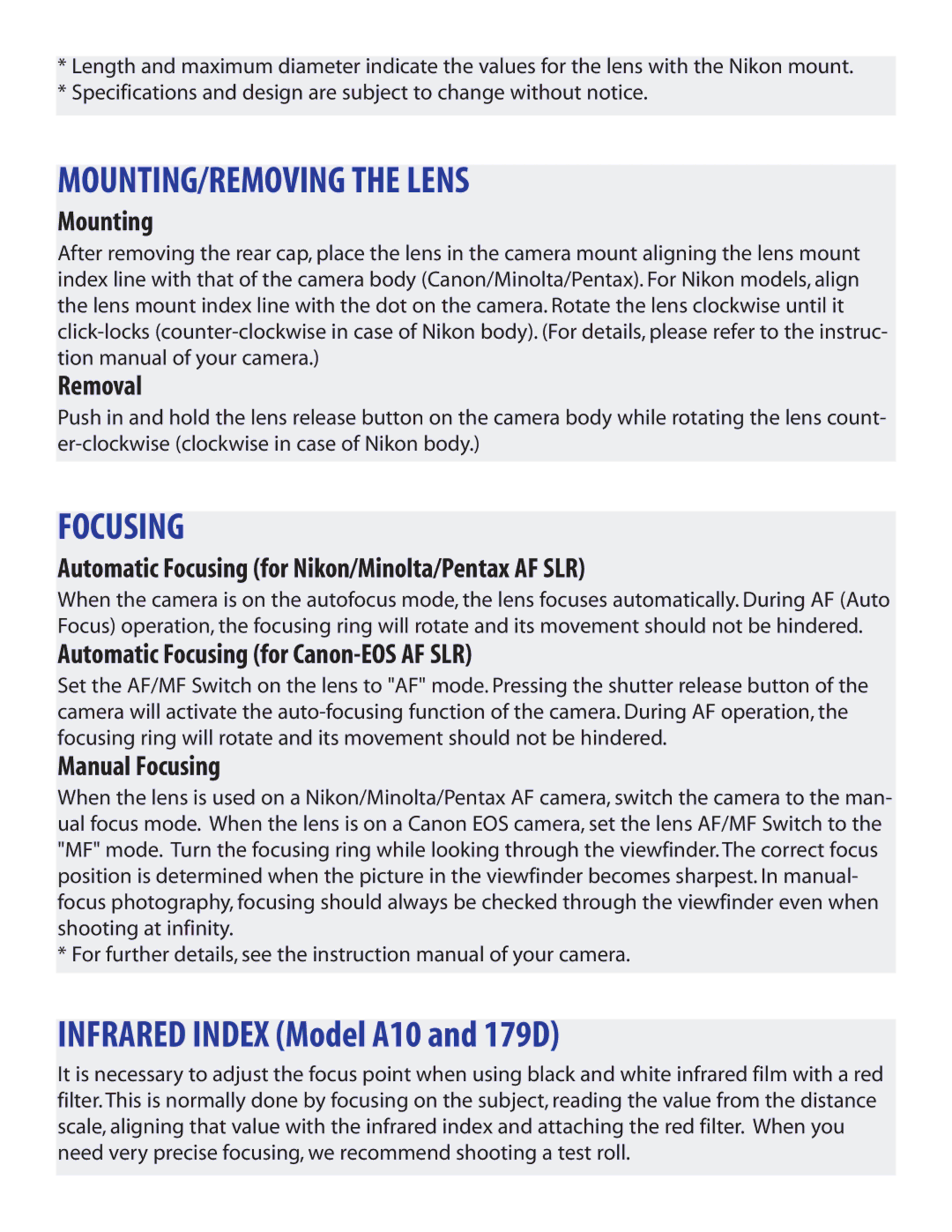 Tamron owner manual MOUNTING/REMOVING the Lens, Focusing, Infrared Index Model A10 and 179D 