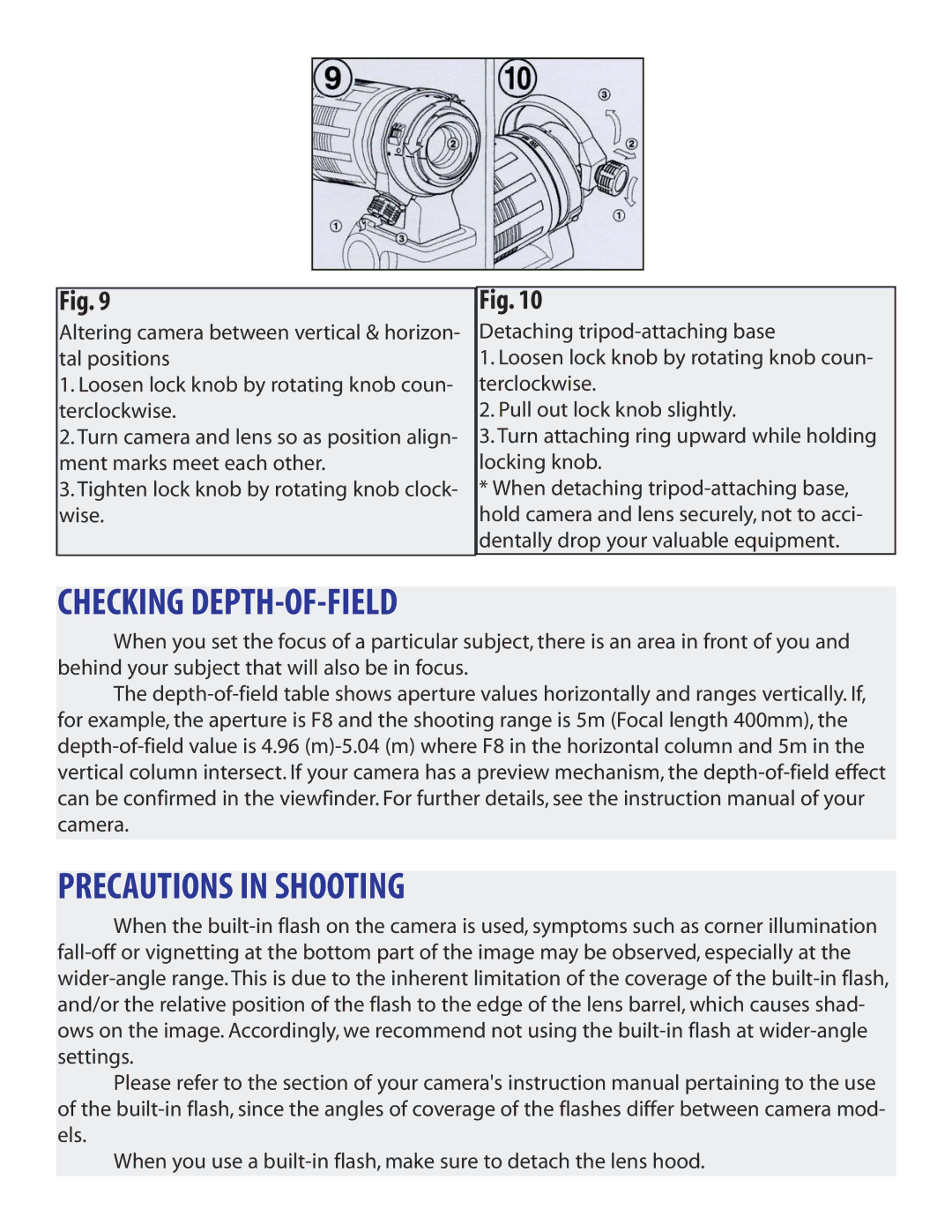 Tamron A10 owner manual Checking DEPTH-OF-FIELD, Precautions in Shooting 