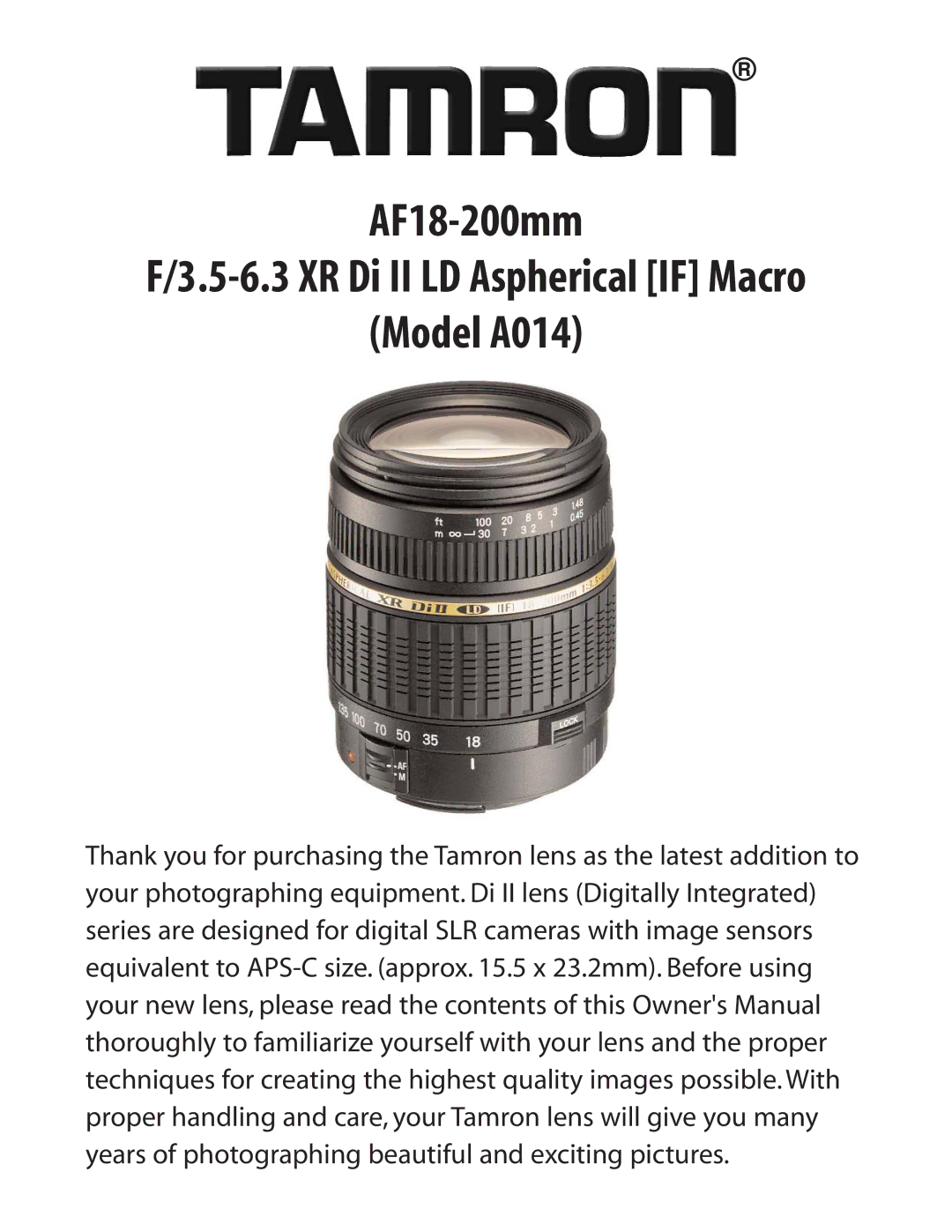 Tamron AF014N700, AF014P700, A014, AF014C700 owner manual AF18-200mm 