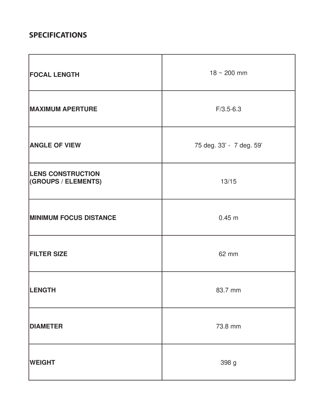 Tamron AF014C700, AF014P700, AF014N700, A014 owner manual Specifications 