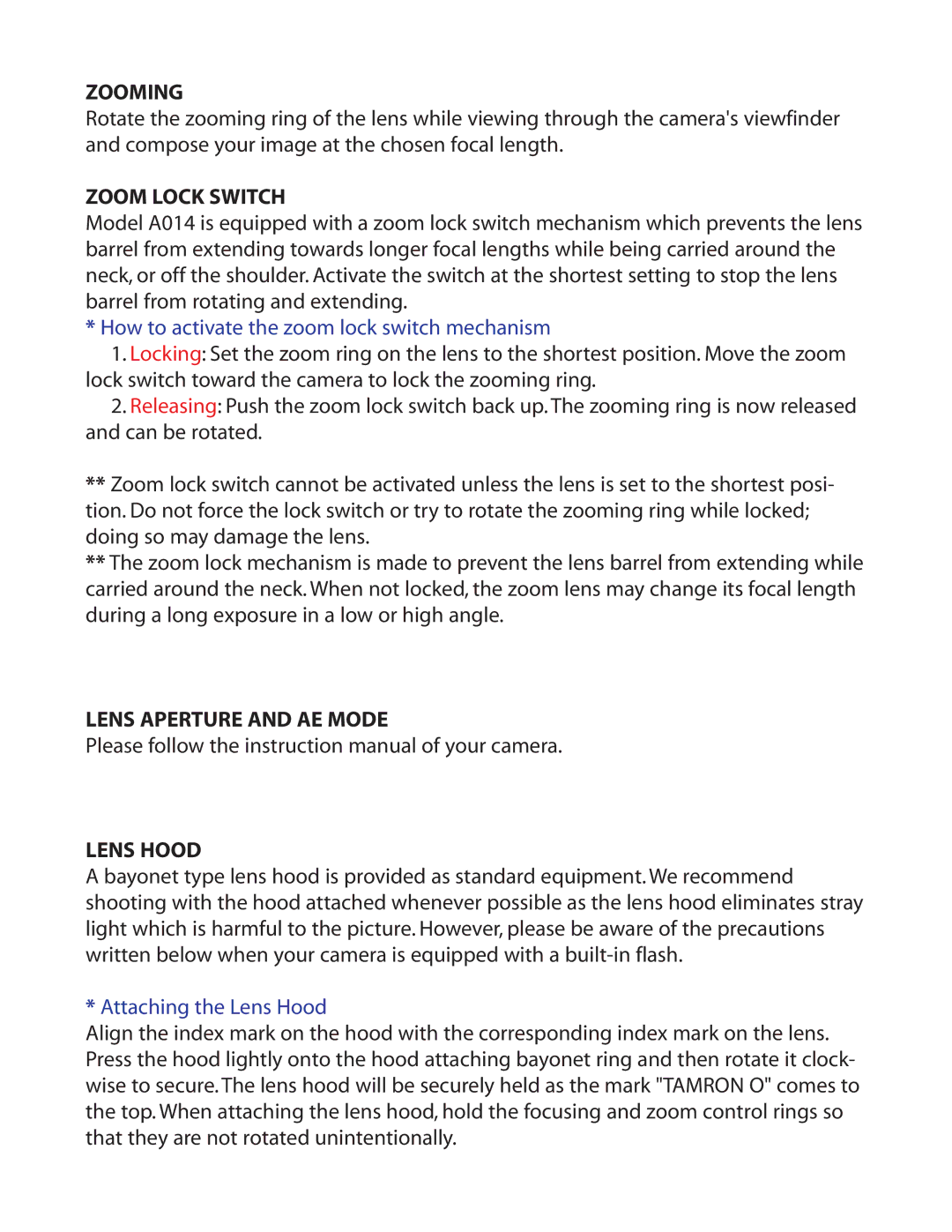 Tamron AF014N700, A014 Zooming, Zoom Lock Switch, How to activate the zoom lock switch mechanism, Attaching the Lens Hood 