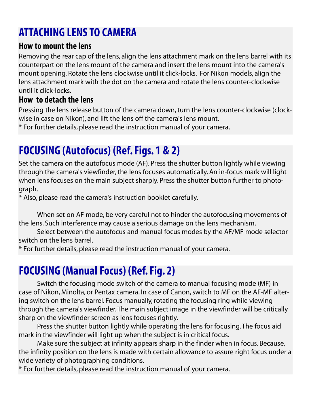 Tamron AF015M700, AF015C700 Attaching Lens to Camera, Focusing Autofocus Ref. Figs, Focusing Manual Focus Ref. Fig 