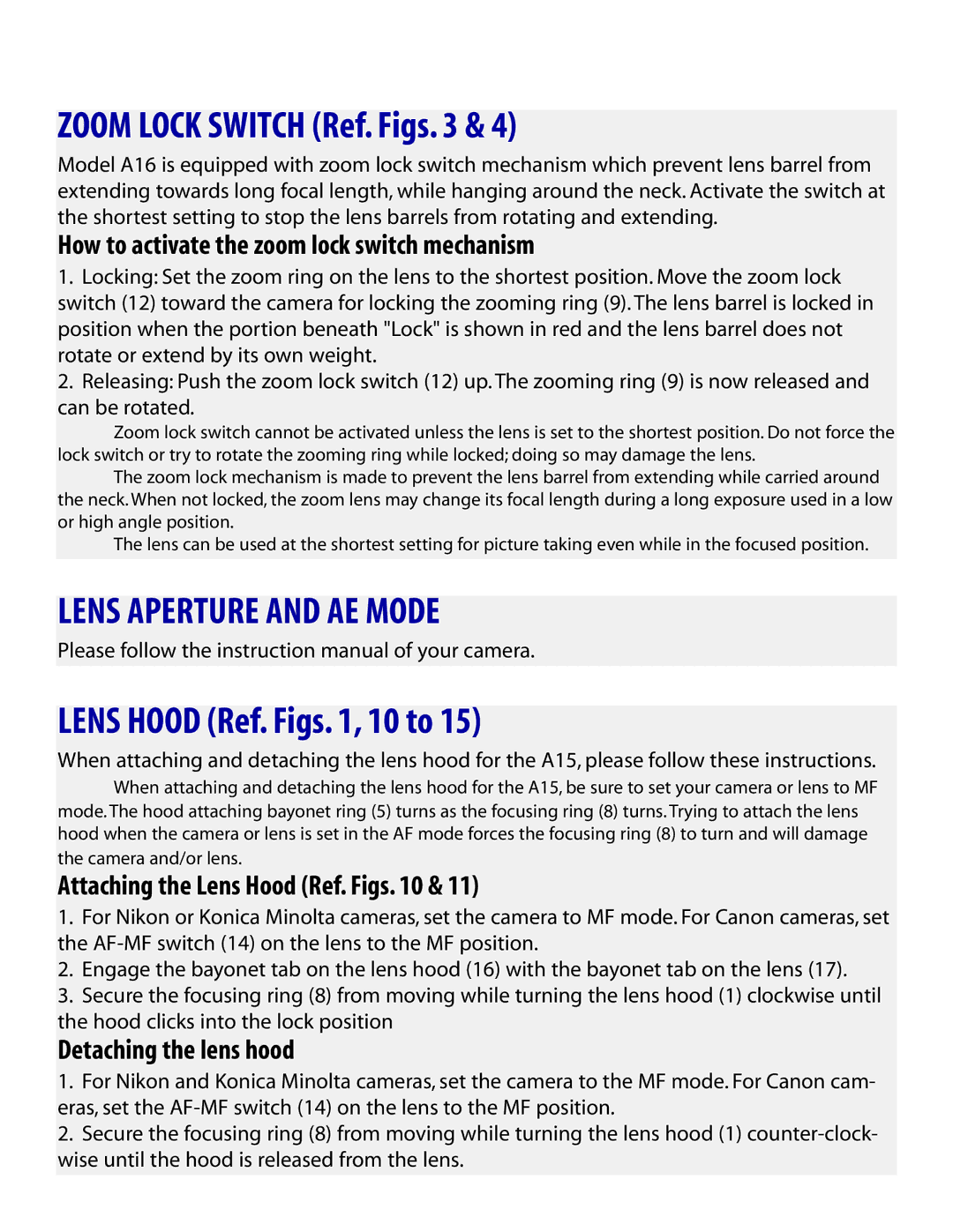 Tamron AF015C700, AF015M700, AF015N700 Zoom Lock Switch Ref. Figs, Lens Aperture and AE Mode, Lens Hood Ref. Figs , 10 to 