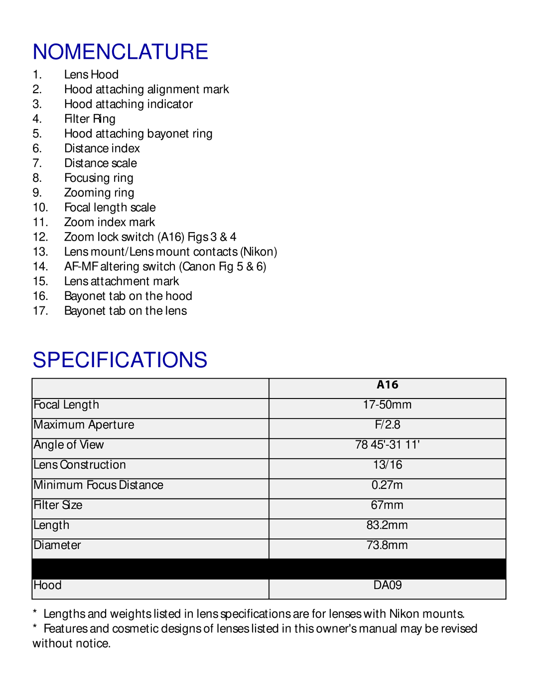 Tamron AF016NII700, AF016M700, AF016C700 owner manual Nomenclature, Specifications, A16 