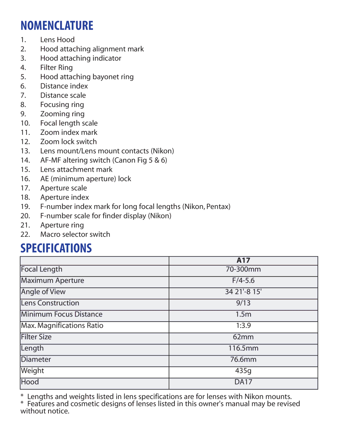 Tamron AF017NII700, AF017C700, AF017M700, AF017P700 owner manual Nomenclature, Specifications 