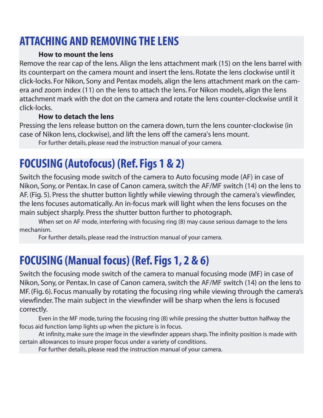 Tamron AF017C700 Attaching and Removing the Lens, Focusing Autofocus Ref. Figs 1, Focusing Manual focus Ref. Figs 1, 2 