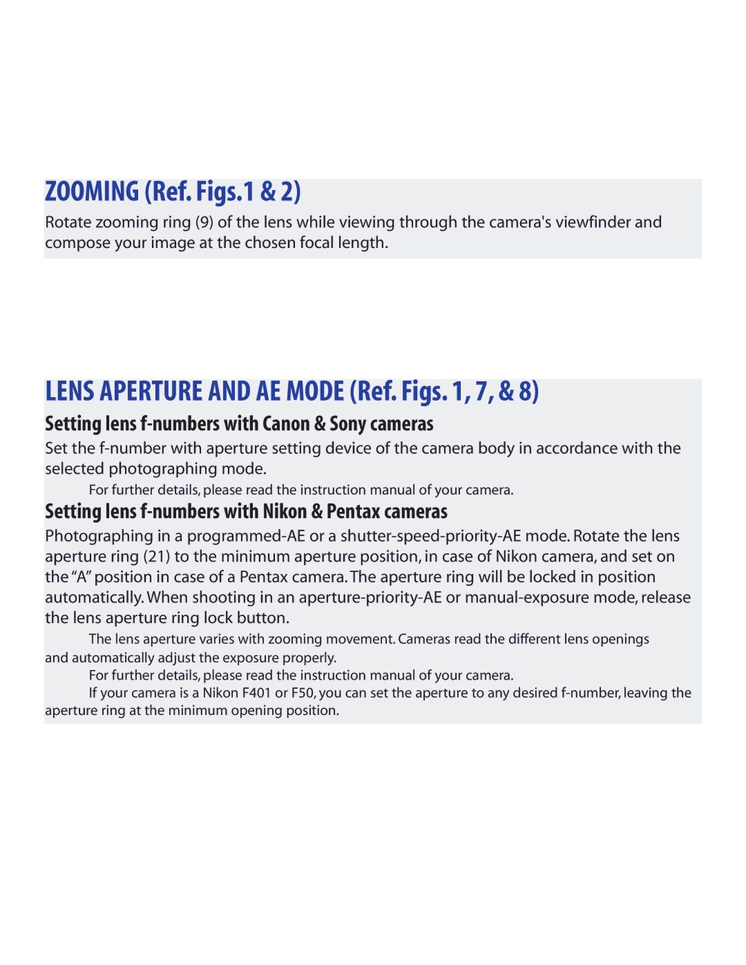 Tamron AF017M700, AF017NII700, AF017C700, AF017P700 Zooming Ref. Figs.1, Setting lens f-numbers with Canon & Sony cameras 