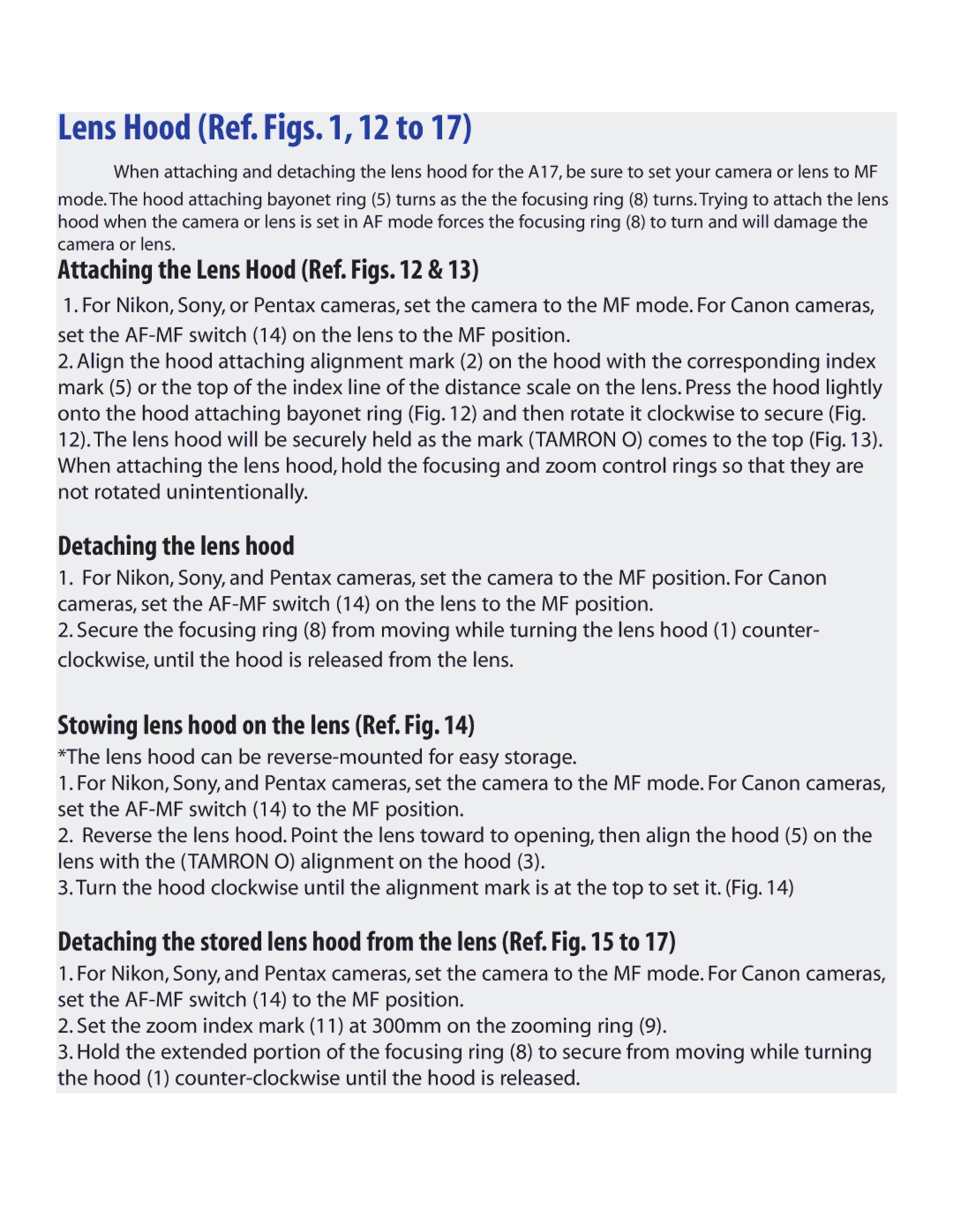 Tamron AF017P700, AF017NII700 Lens Hood Ref. Figs , 12 to, Attaching the Lens Hood Ref. Figs, Detaching the lens hood 