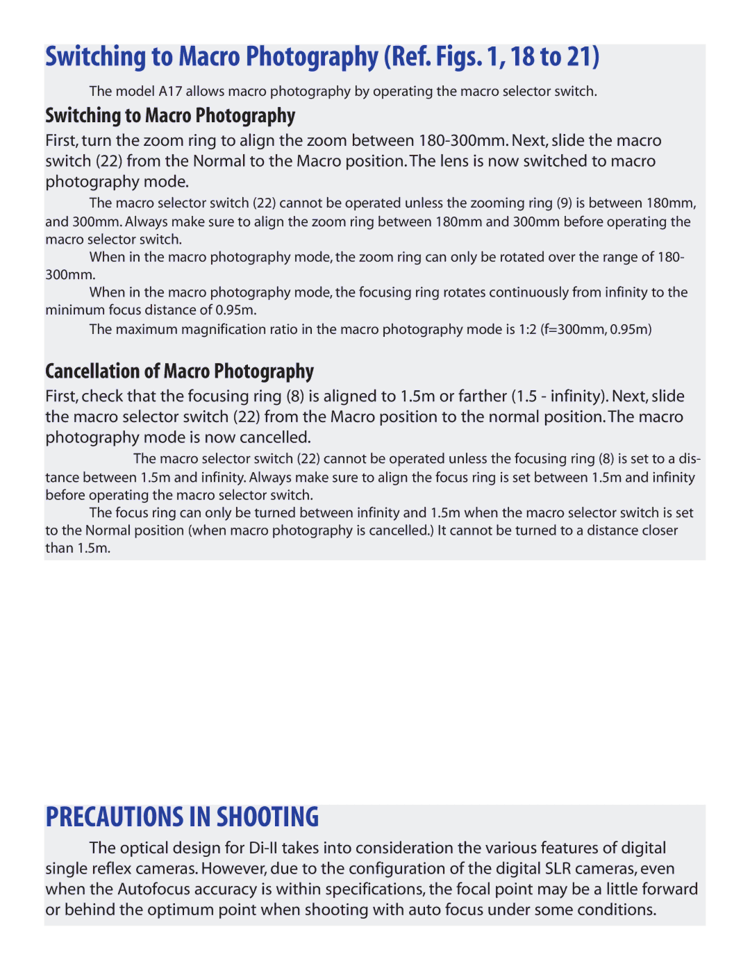 Tamron AF017NII700, AF017C700 Precautions in Shooting, Switching to Macro Photography, Cancellation of Macro Photography 