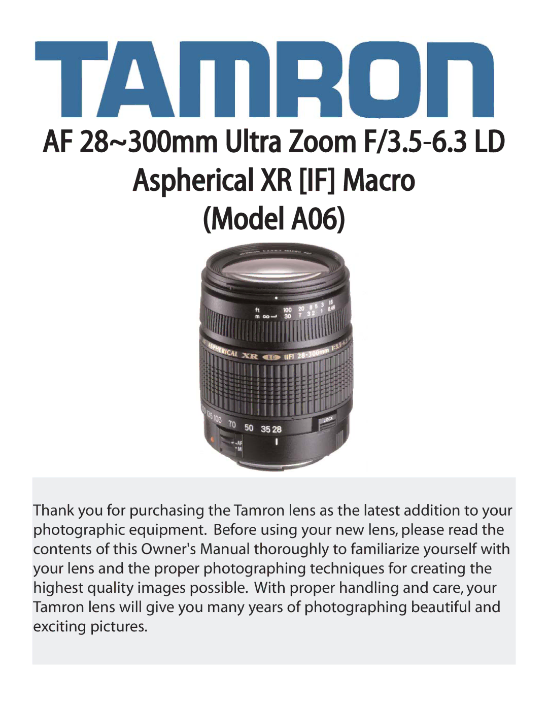 Tamron AF061N700 owner manual Aspherical XR if Macro Model A06 