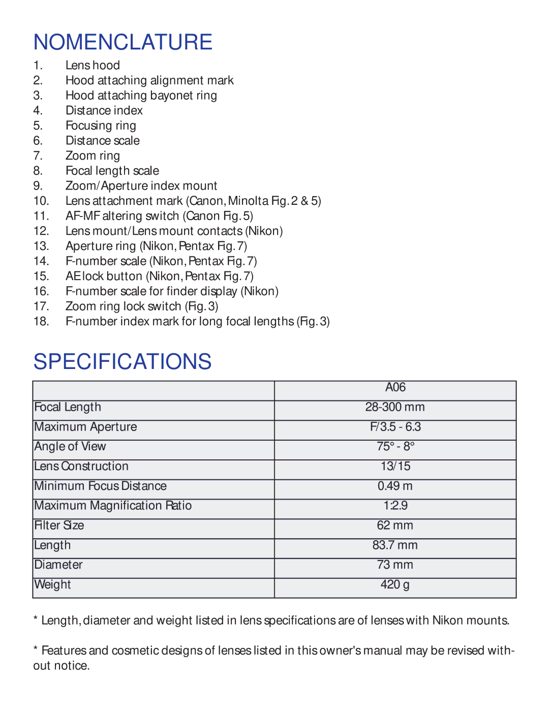 Tamron AF061N700 owner manual Nomenclature, Specifications 