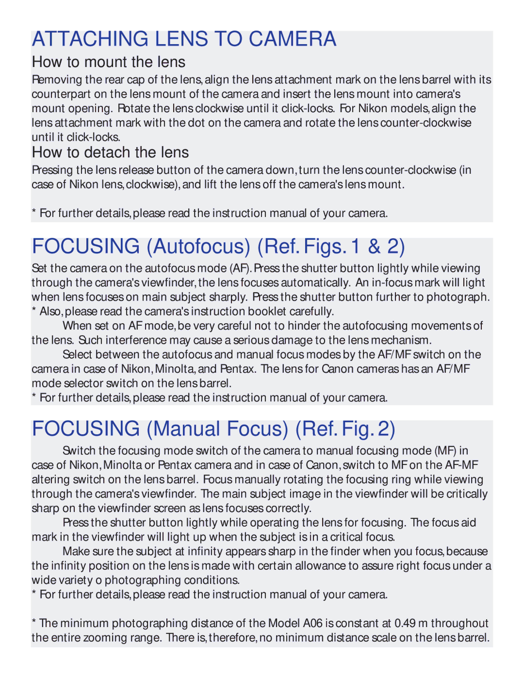 Tamron AF061N700 owner manual Attaching Lens to Camera, Focusing Autofocus Ref. Figs, Focusing Manual Focus Ref. Fig 