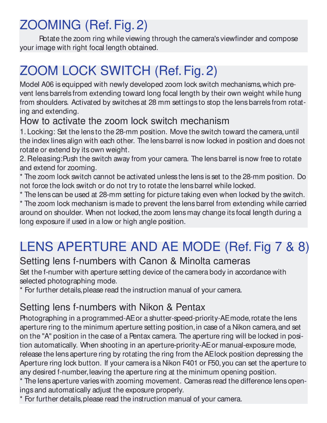 Tamron AF061N700 owner manual Zooming Ref. Fig, Zoom Lock Switch Ref. Fig, Lens Aperture and AE Mode Ref 