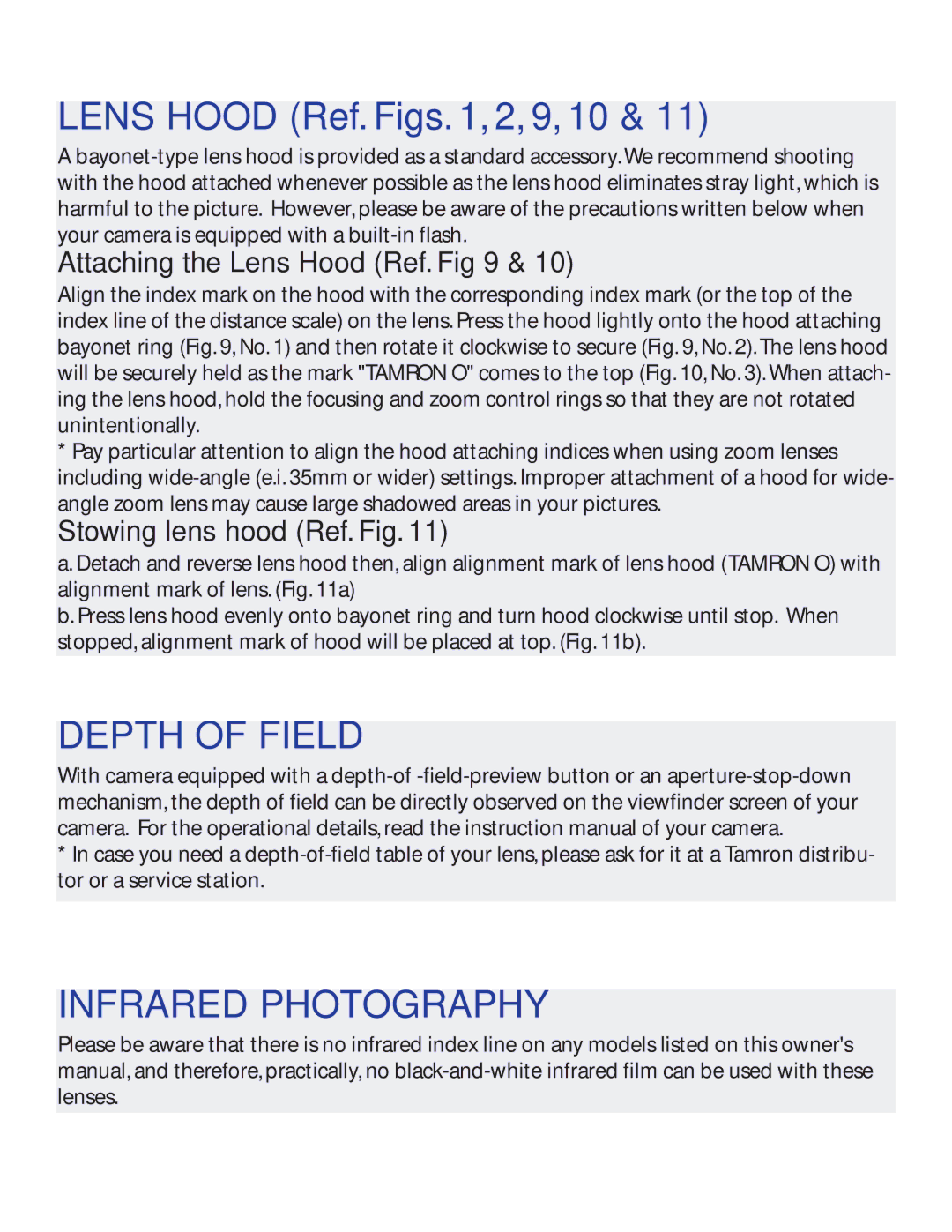 Tamron AF061N700 Lens Hood Ref. Figs , 2, 9, 10, Depth of Field, Infrared Photography, Attaching the Lens Hood Ref 