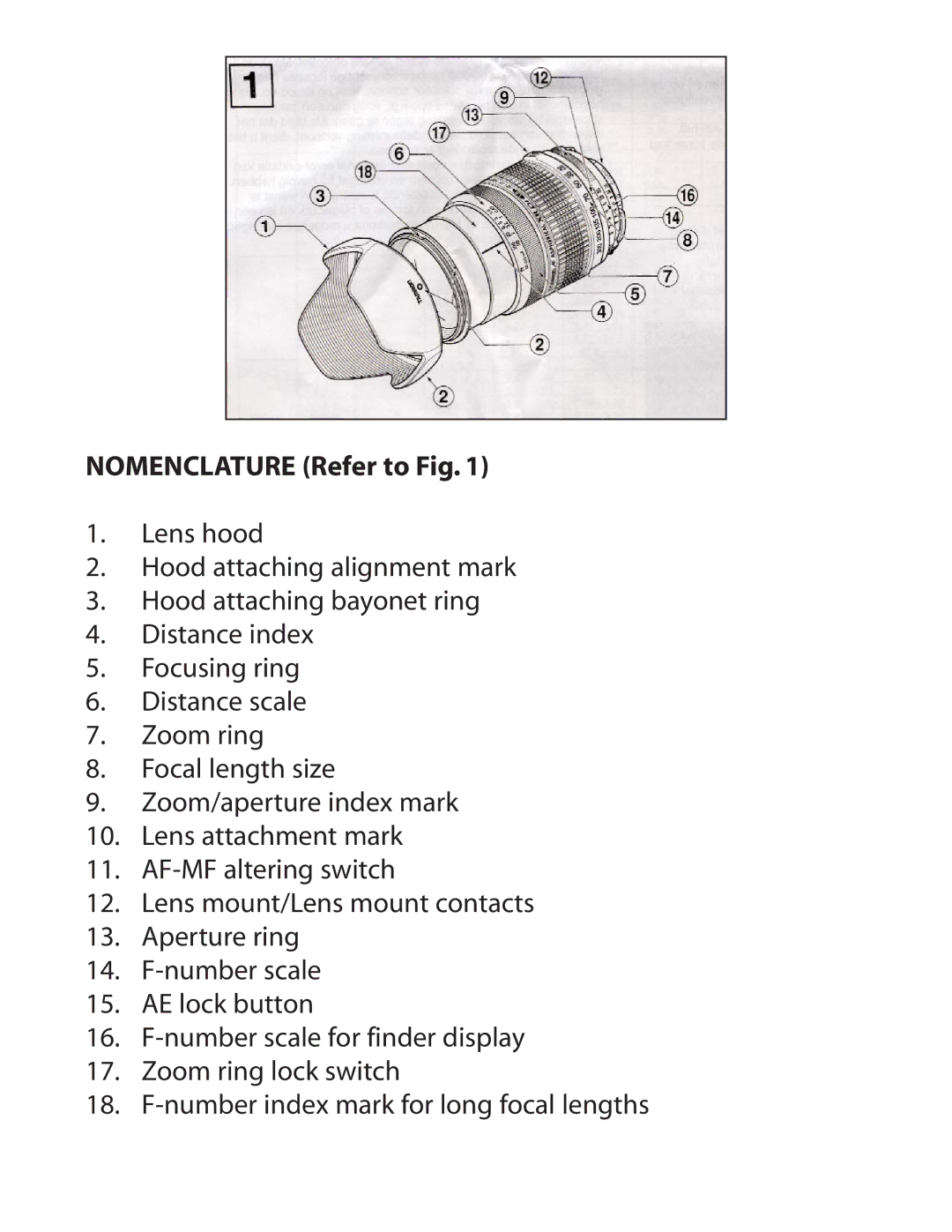 Tamron AF061C700, AF061P700, AF061M700, AF020C700, A020N, AFA010C700 owner manual Nomenclature Refer to Fig 