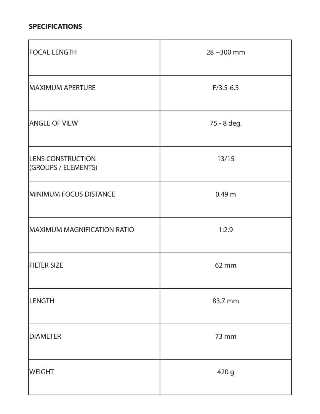 Tamron AF020C700, AF061P700, AF061M700, AF061C700, A020N, AFA010C700 owner manual Specifications, Weight 