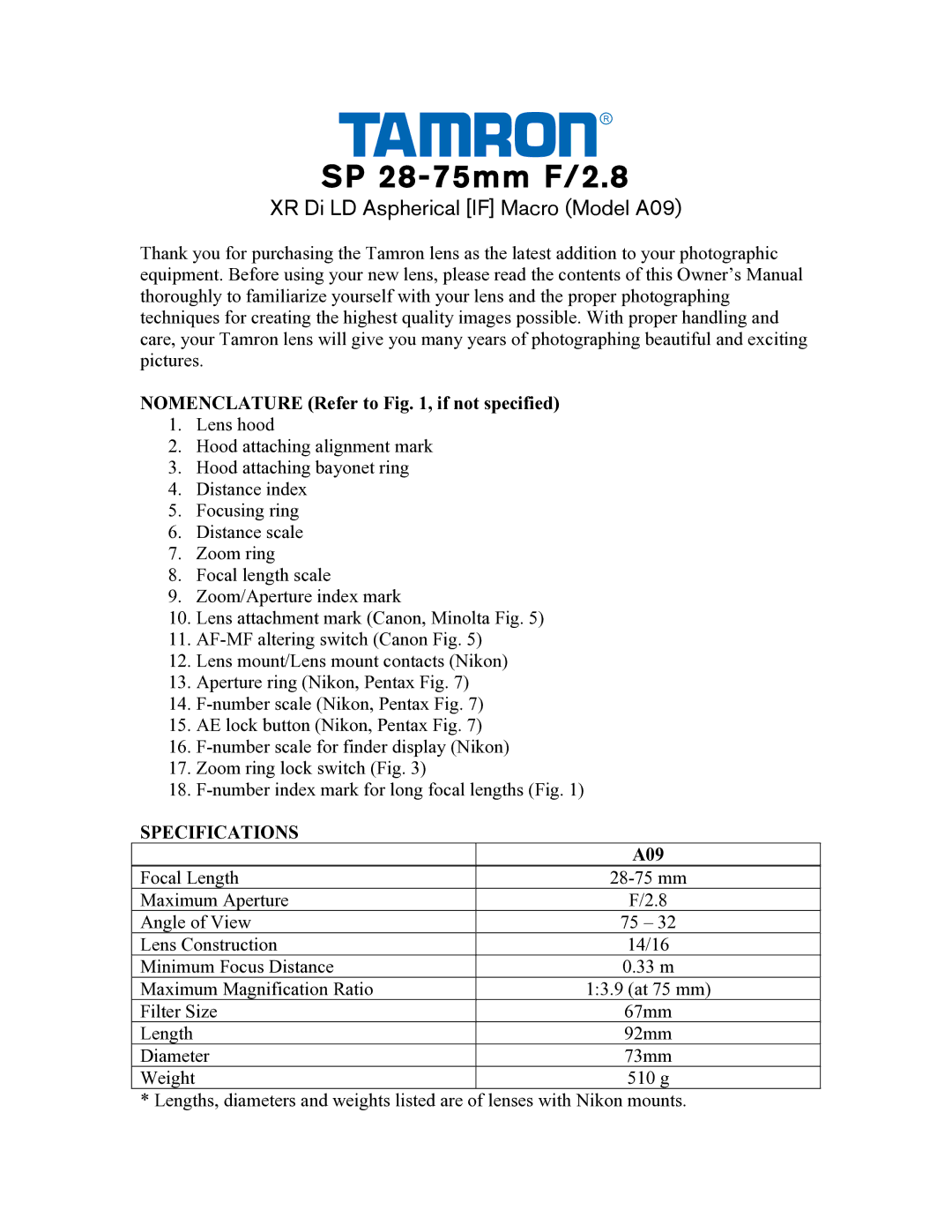 Tamron AF09C700, AF09M700, AF09N700, AF09P700 owner manual Nomenclature Refer to , if not specified, Specifications, A09 