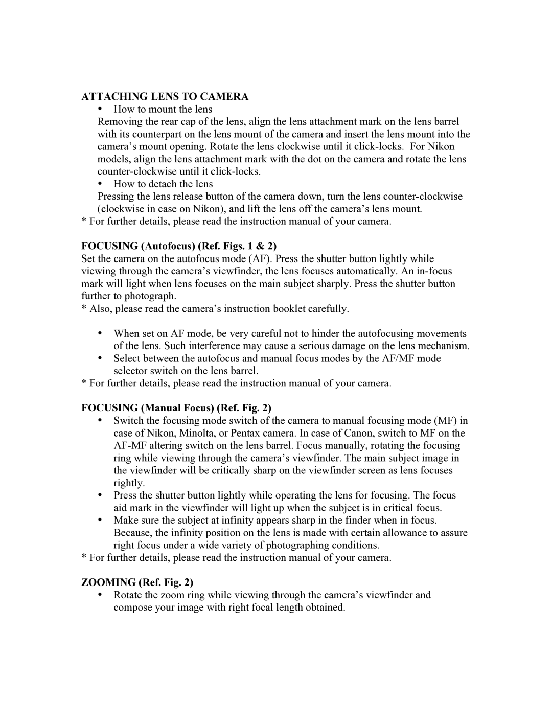 Tamron AF09P700 Attaching Lens to Camera, Focusing Autofocus Ref. Figs, Focusing Manual Focus Ref. Fig, Zooming Ref. Fig 