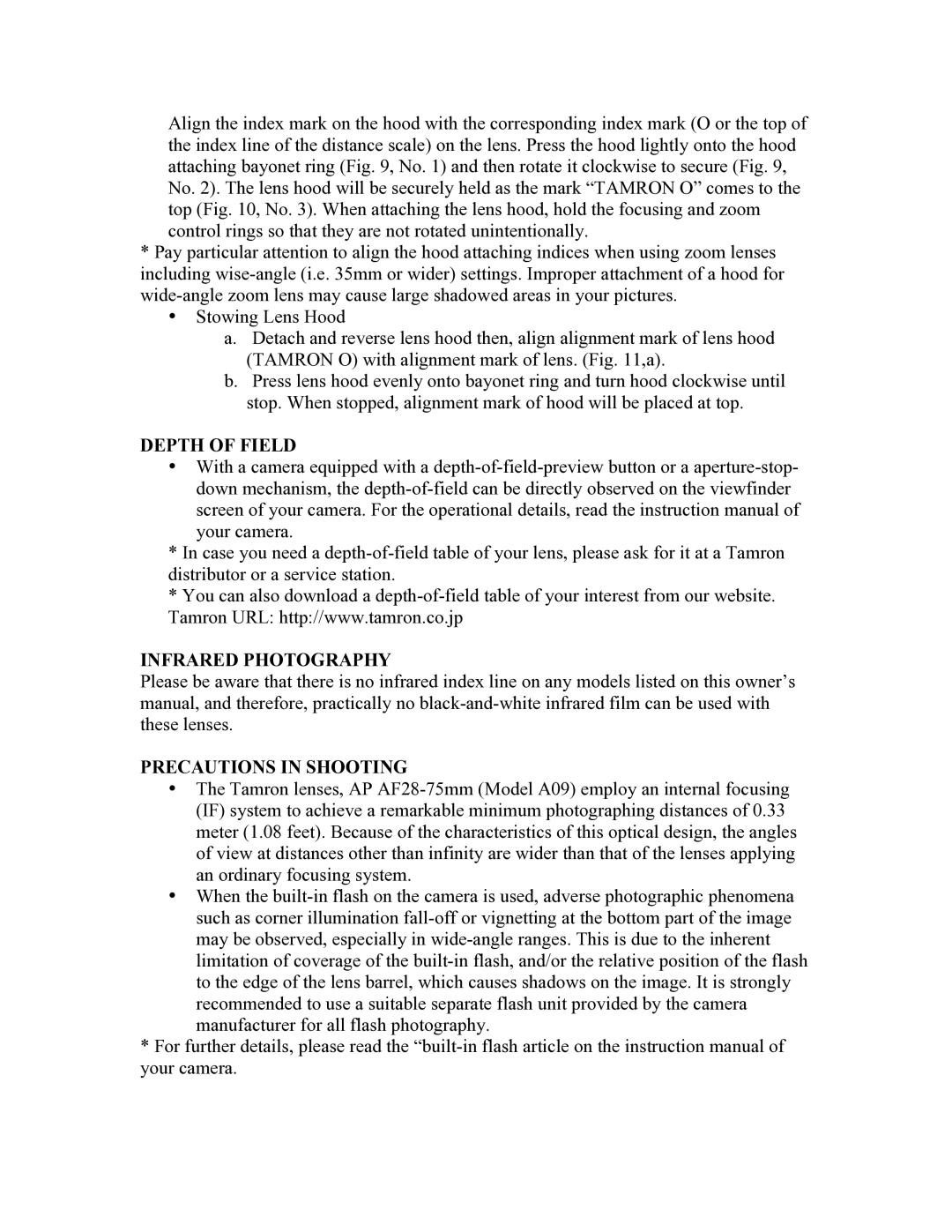 Tamron AF09C700, AF09M700, AF09N700, AF09P700 owner manual Depth of Field, Infrared Photography Precautions in Shooting 