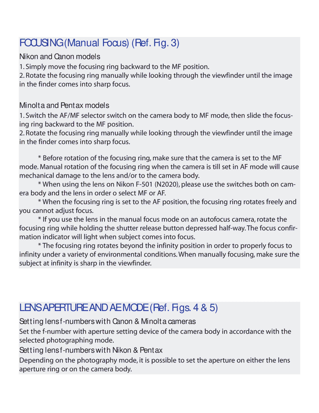 Tamron AFF004C700, AF272NII700, 272E, AF272P700 Focusing Manual Focus Ref. Fig, Lens Aperture and AE Mode Ref. Figs 