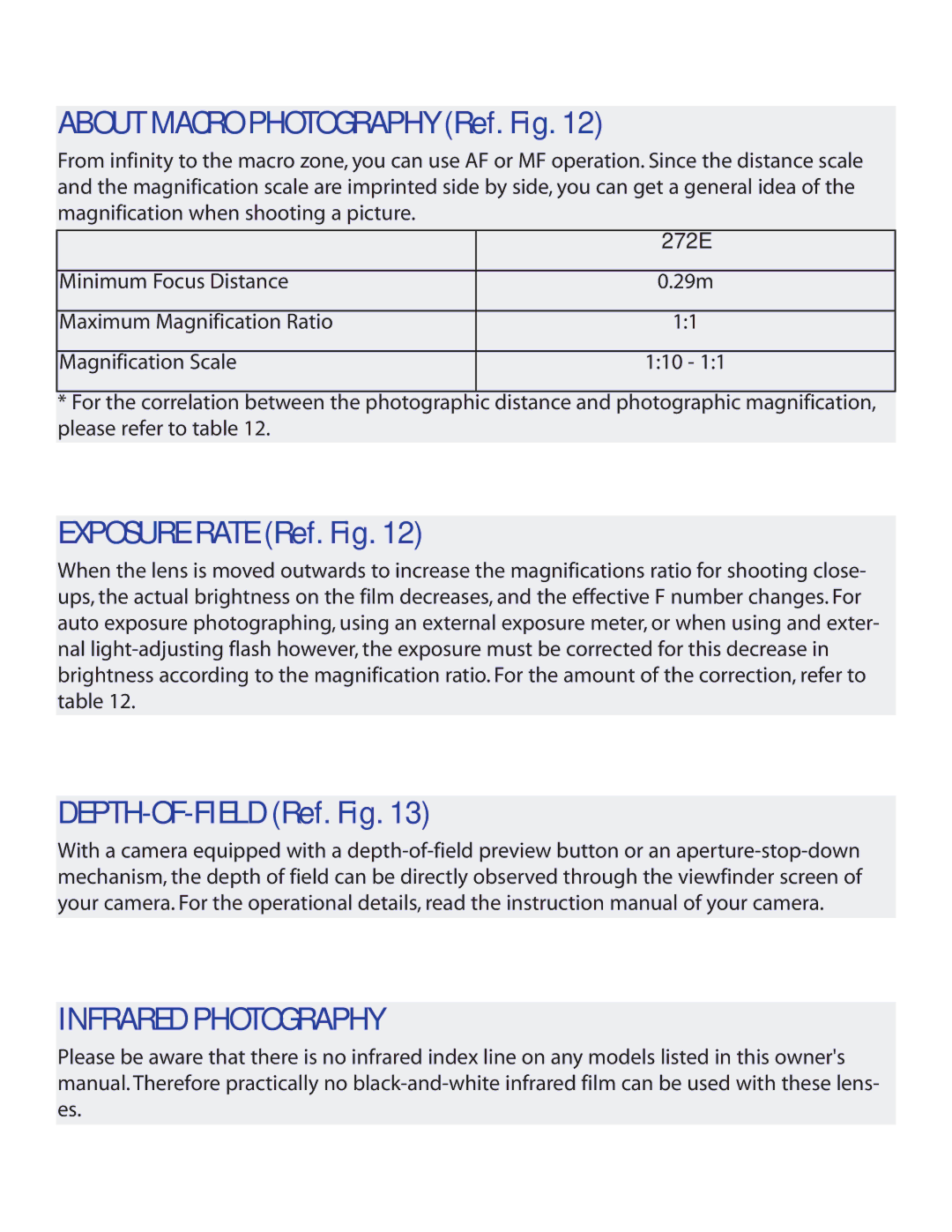Tamron AF272NII700 About Macro Photography Ref. Fig, Exposure Rate Ref. Fig, DEPTH-OF-FIELD Ref. Fig, Infrared Photography 