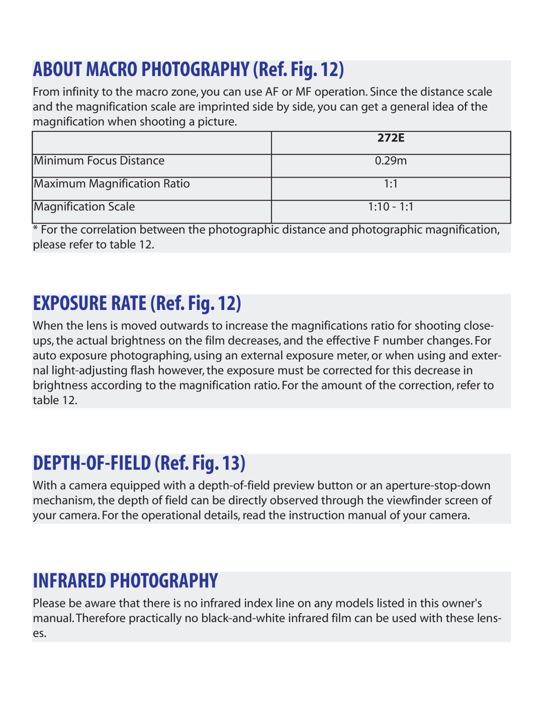 Tamron AF272NII700 ABOUT MACRO PHOTOGRAPHY Ref. Fig, EXPOSURE RATE Ref. Fig, DEPTH-OF-FIELD Ref. Fig, Infrared Photography 