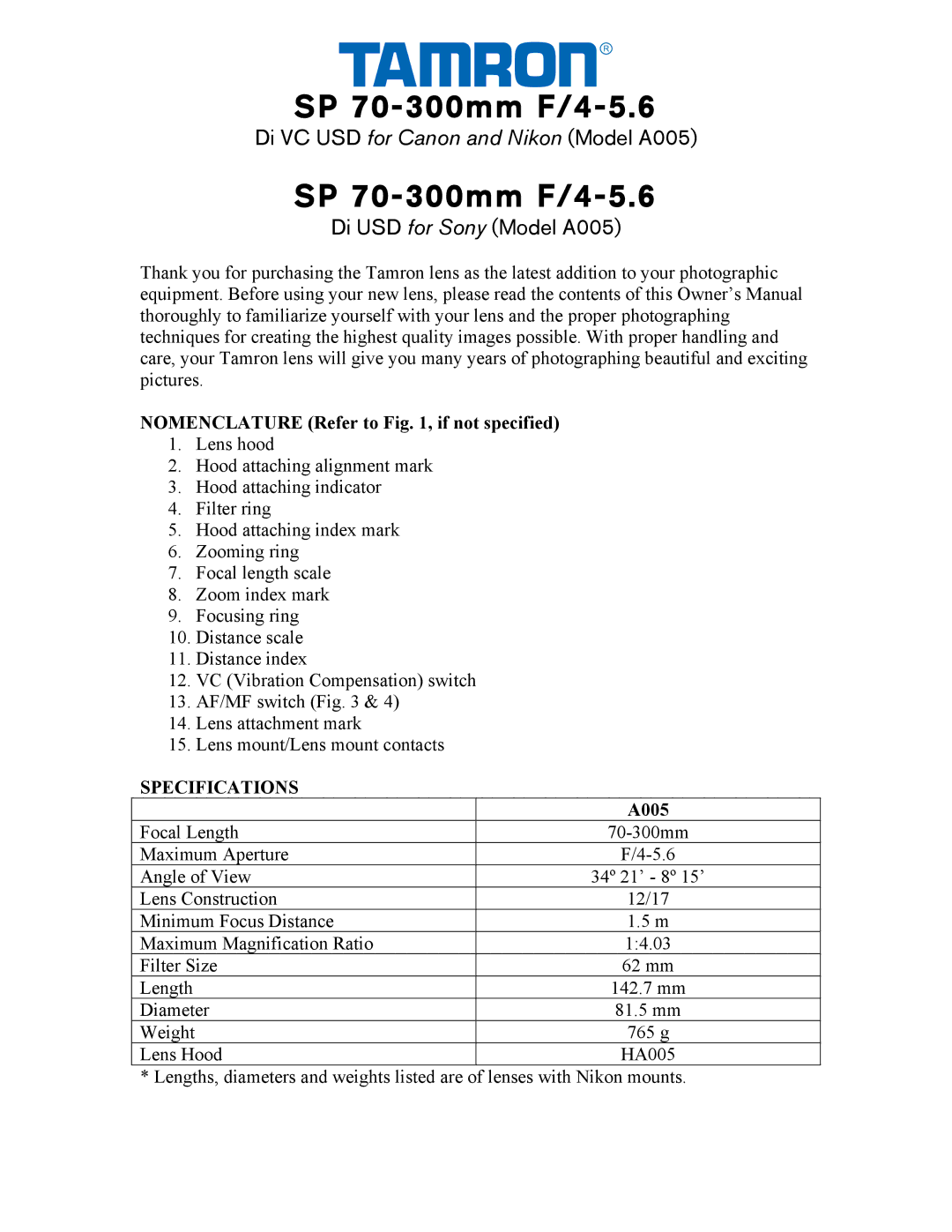 Tamron AFA005NII700, AFA005S00, AFA005C700 owner manual Nomenclature Refer to , if not specified, Specifications 