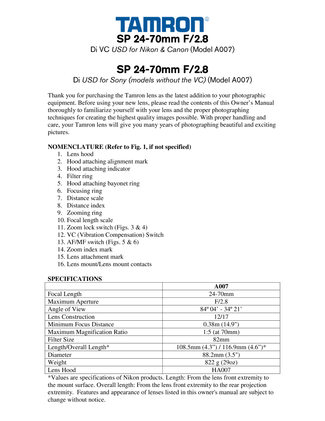 Tamron AFA007C700, AFA007N700, AFA007S700, AF007N-700 owner manual Nomenclature Refer to , if not specified, Specifications 