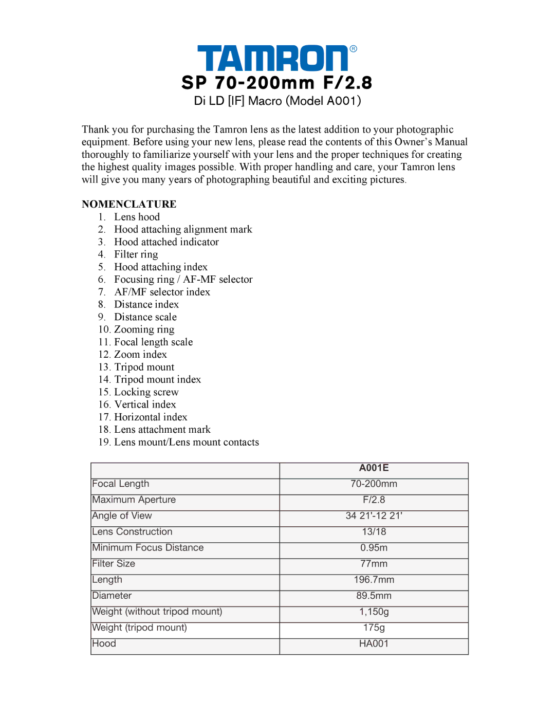 Tamron AFA009C700, AFA009N700, AFA009S700, AF001C700, AF001S700, AF001N700 owner manual SP 70-200mm F/2.8, Nomenclature 