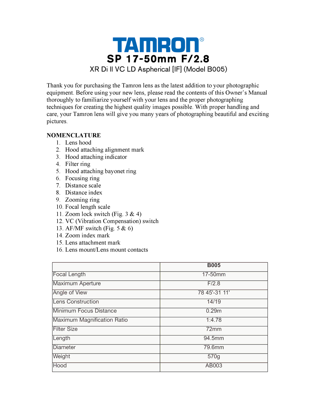 Tamron AFB005C700, AFB005NII700 owner manual SP 17-50mm F/2.8, Nomenclature 