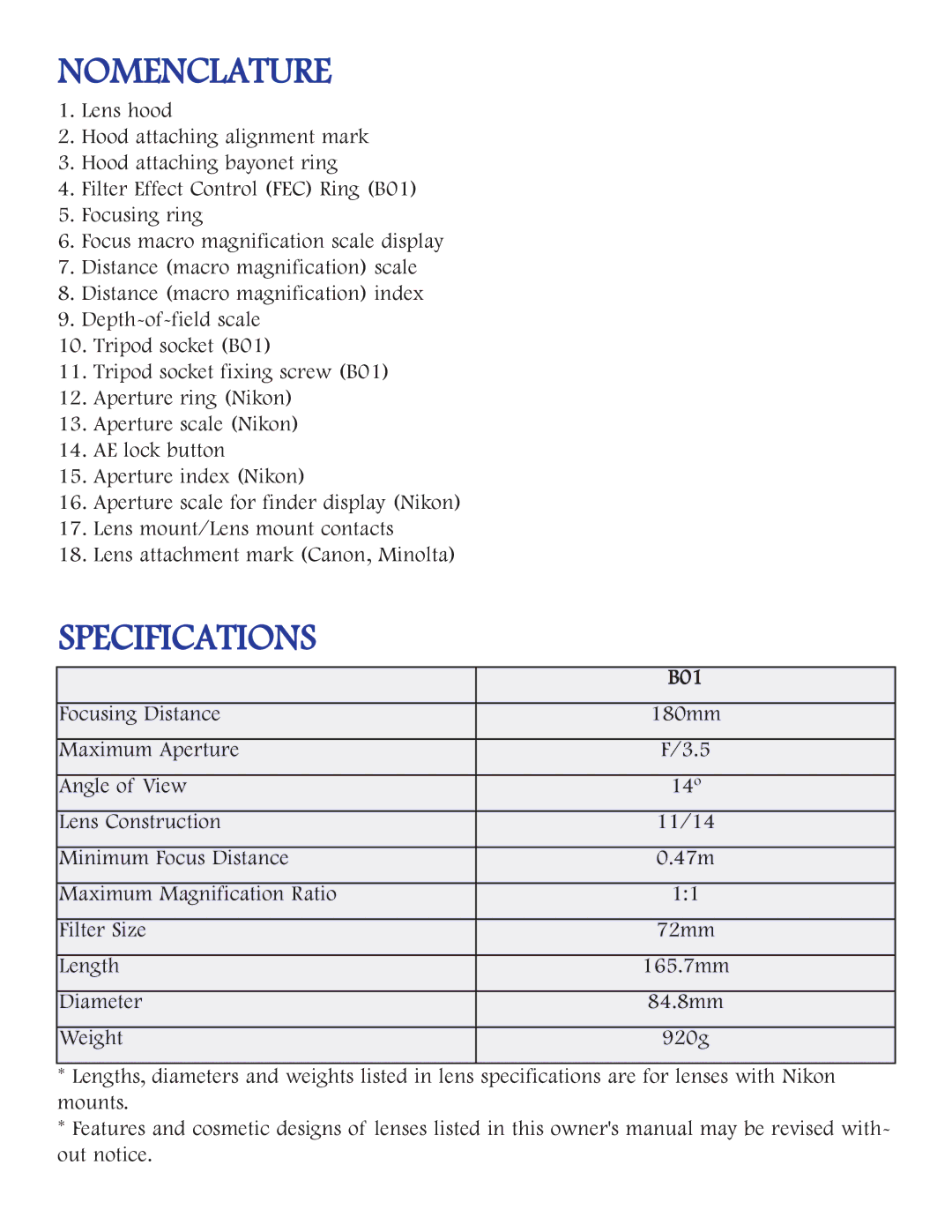 Tamron AFB01C700, AFB01M700, AFB01N700 owner manual Nomenclature, Specifications 