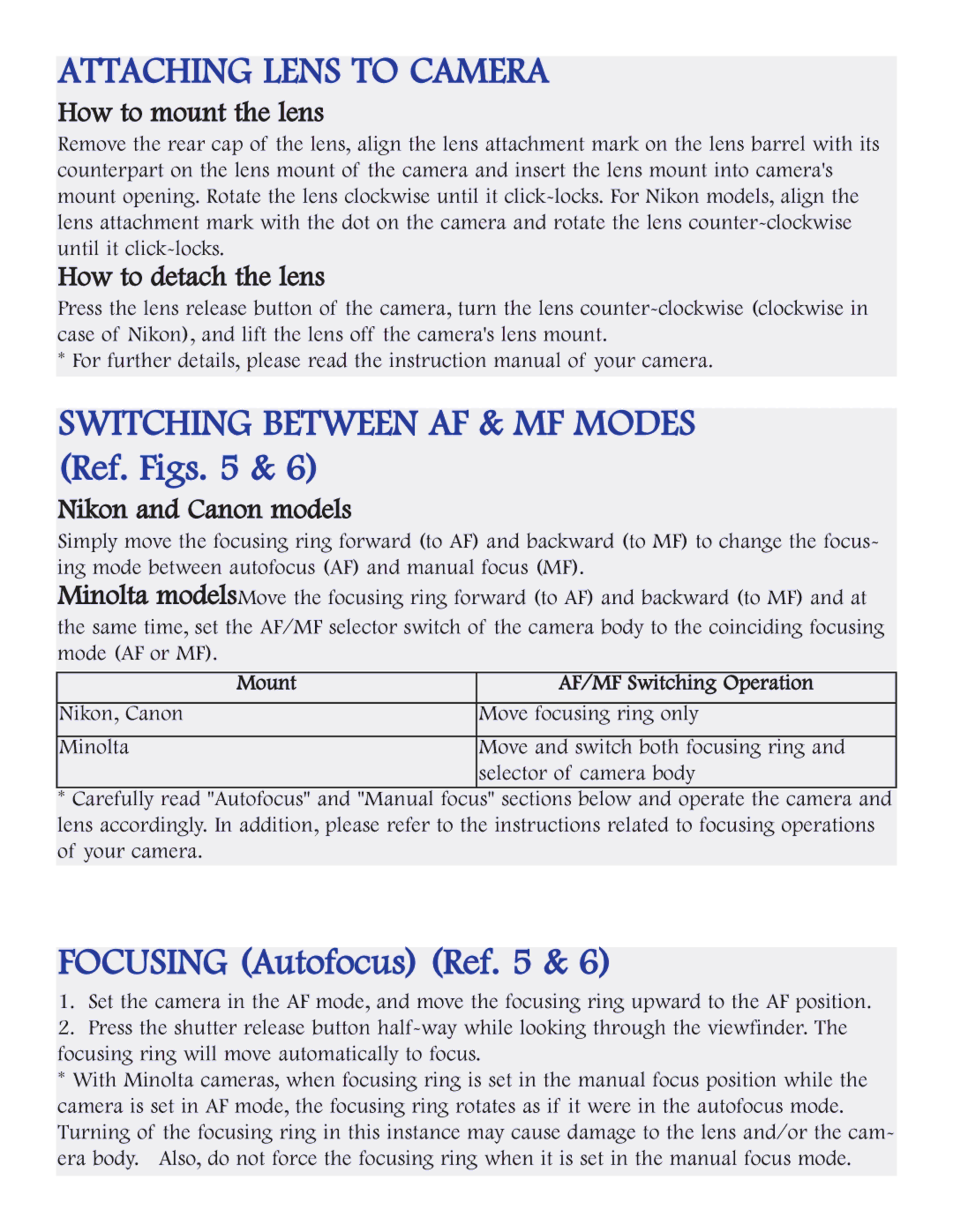 Tamron AFB01N700, AFB01M700 Attaching Lens to Camera, Switching Between AF & MF Modes Ref. Figs, Focusing Autofocus Ref 