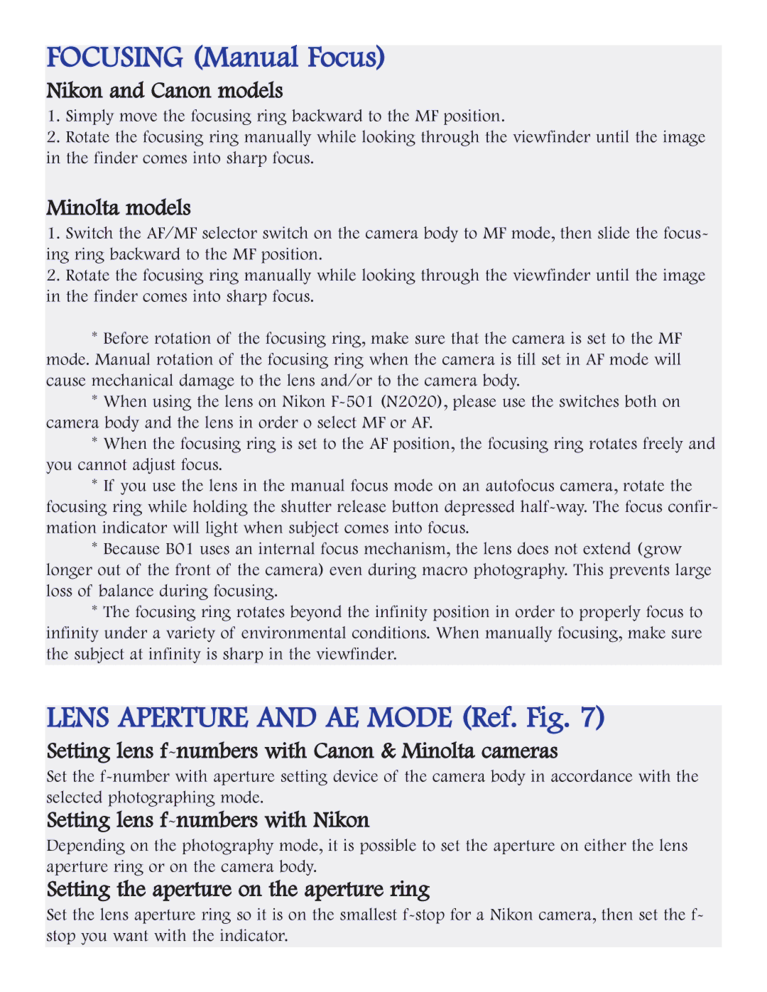 Tamron AFB01M700, AFB01C700, AFB01N700 owner manual Focusing Manual Focus, Lens Aperture and AE Mode Ref. Fig 