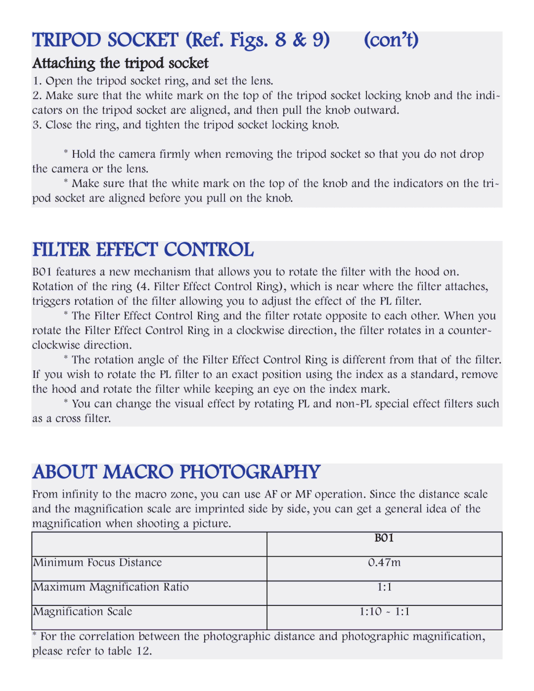 Tamron AFB01N700, AFB01M700, AFB01C700 Tripod Socket Ref. Figs & 9 con’t, Filter Effect Control, About Macro Photography 