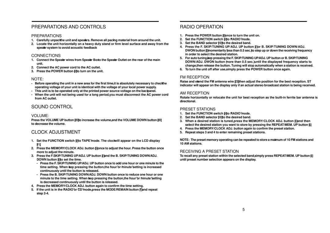 Tamron CE510S operation manual Preparations and Controls, Sound Control, Clock Adjustment, Radio Operation 